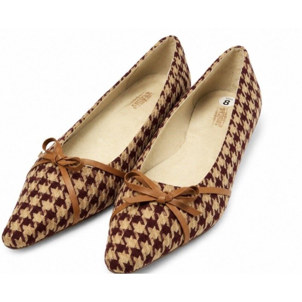 Seychelles Womens 8 Houndstooth Pumps Heels Burgundy Tan Bow Pointed Toe Preppy